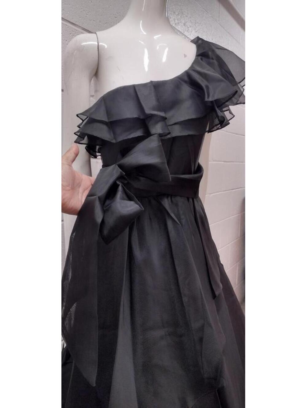 Vintage Off The Shoulder Black Sheer Disco Dress Belted Early 1980s SAMIR Size S - Picture 15 of 16